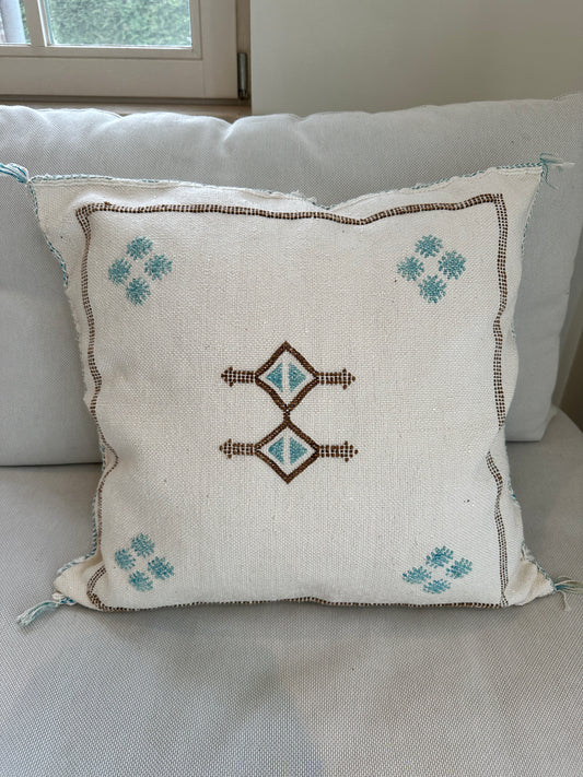 Moroccan Cactus Silk pillow cover - Ecru/Turquoise